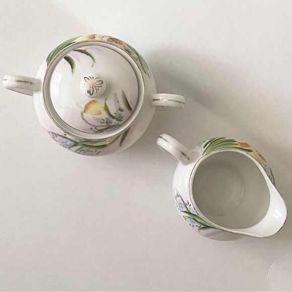 Antique Nippon Hand Painted Yellow Daffodil Creamer Lidded Sugar Set - Picture 4 of 16